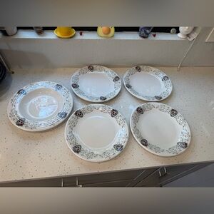 Fiesta White Dinner Plates and bowl server, skull and vine sugar